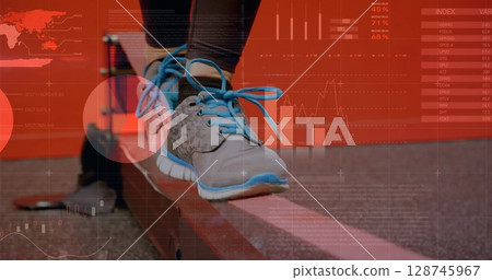 Image of statistics and data processing over caucasian woman walking on bar Image of statistics and data processing over caucasian woman walking on bar 128745967