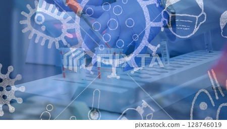 Image of pandemic icons over scientist with test tubes 128746019
