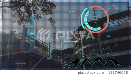Digital interface with data processing against construction site in background 128746058