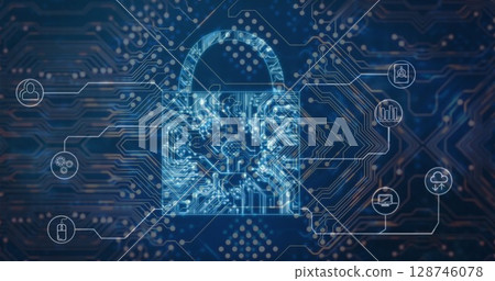 Image of integrated circuit and digital padlock over navy background 128746078