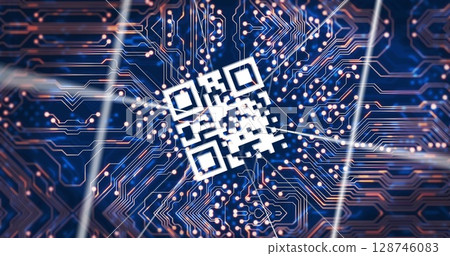 Image of integrated circuit and qr code on navy background Image of integrated circuit and qr code on navy background 128746083