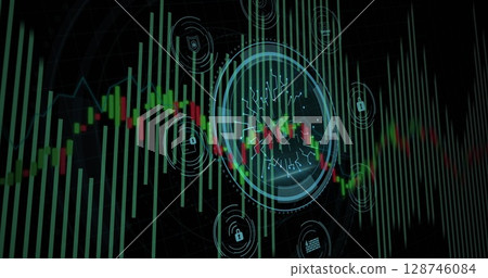 Statistical data processing and cyber security text over round scanner against black background Statistical data processing and cyber security text over round scanner against black background 128746084