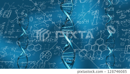 Image of dna rotating over chemical formulas on blue background Image of dna rotating over chemical formulas on blue background 128746085