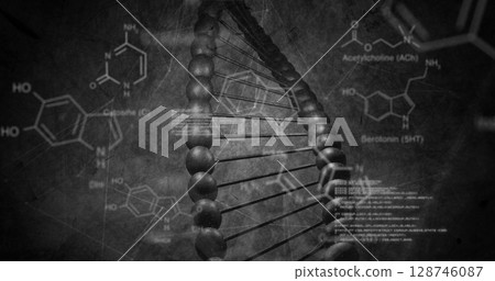 Image of chemical structures and data processing over dna strand spinning 128746087