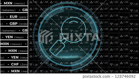 Cyber security text over round scanner against stock market data processing on black background 128746092