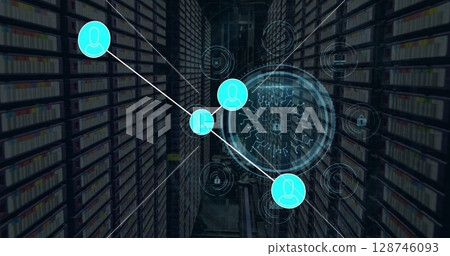 Network of connections and cyber security text over round scanner against computer server room 128746093