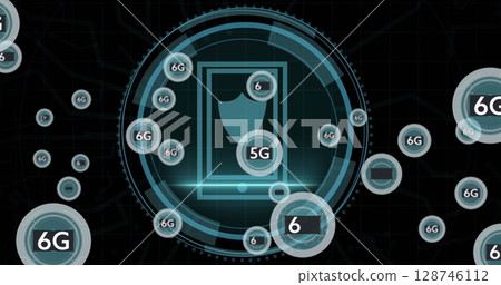 Multiple 5g and 6g texts floating over cyber security text on round scanner against black background 128746112