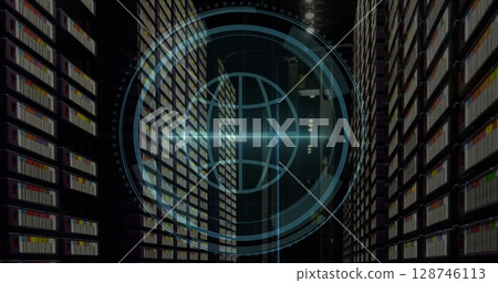 Cyber security text over round scanner against empty computer server room 128746113