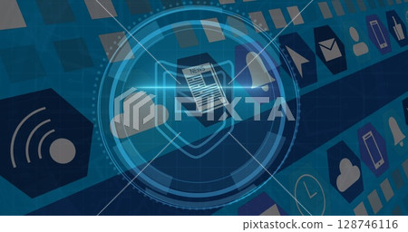 Image of cyber security and shield with email in circle over icons on blue background Image of cyber security and shield with email in circle over icons on blue background 128746116