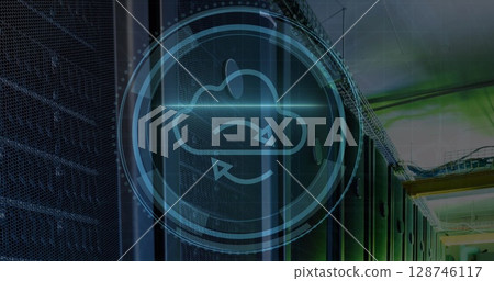 Cyber security text over round scanner against empty computer server room 128746117