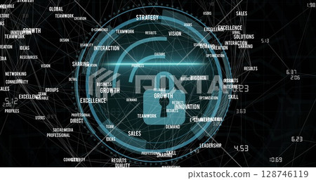 Image of cyber security and padlock in circle texts on black background Image of cyber security and padlock in circle texts on black background 128746119