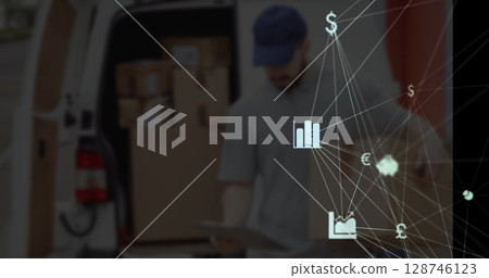 Globe of digital icons spinning against caucasian delivery man with delivery package and clipboard 128746123