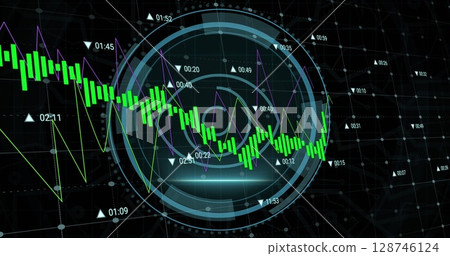 Financial data processing and cyber security text over round scanner against black background 128746124