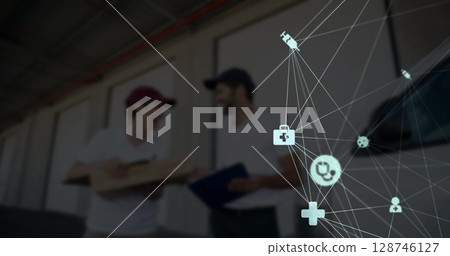 Globe of medical icons against two caucasian delivery men with delivery package and clipboard Globe of medical icons against two caucasian delivery men with delivery package and clipboard 128746127