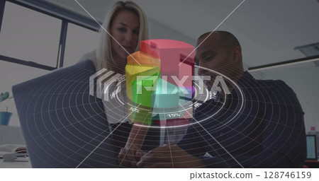 Image of data processing over diverse business people talking Image of data processing over diverse business people talking 128746159