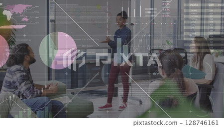 Statistical data processing against african american woman giving a presentation at office Statistical data processing against african american woman giving a presentation at office 128746161