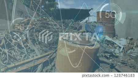 Image of network of connections over drone with parcel over harbor 128746183