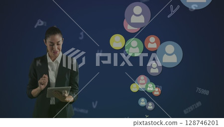 Caucasian man wearing vr headset over dollar bills on green background 128746201