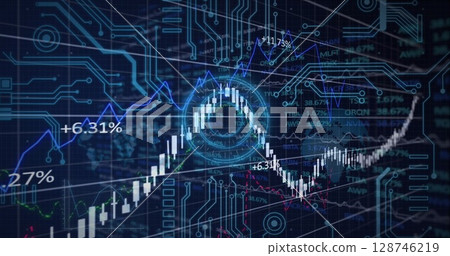 Microprocessor connections and financial data processing over neon round scanner on blue background Microprocessor connections and financial data processing over neon round scanner on blue background 128746219