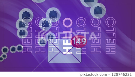 Image of icons, hello and email with changing numbers on violet background Image of icons, hello and email with changing numbers on violet background 128746221
