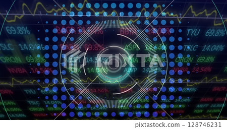 Round scanner over stock market data processing against blue background 128746231