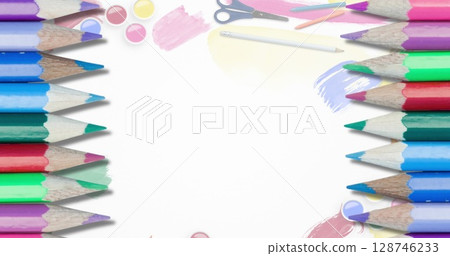 Image of colour pencils and school icons over white background with copy space 128746233