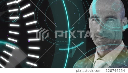 5g text and multiple round scammers over portrait of caucasian businessman against black background 128746234