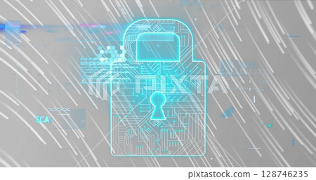 Data processing over security padlock over light trails falling against grey background 128746235