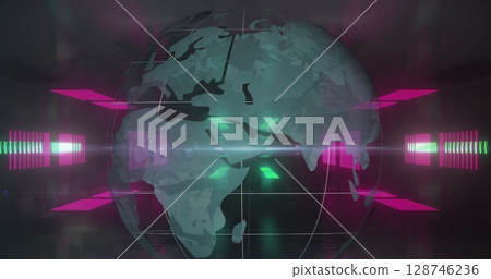 Digital image of spinning globe against neon tunnel in seamless pattern 128746236