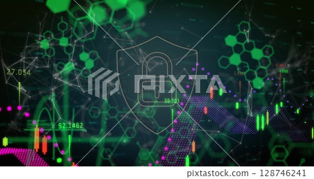 Security padlock icon and chemical structures against financial data processing and world map 128746241