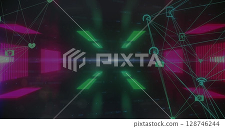 Financial data processing and globes of digital icons spinning against glowing tunnel 128746244