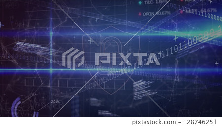 Security padlock shield icon over network of connections against stock market data processing Security padlock shield icon over network of connections against stock market data processing 128746251