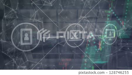 Digital icons, financial data processing and network of connections against office window 128746255