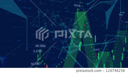 Digital image of financial data processing and network of connections against blue background 128746256