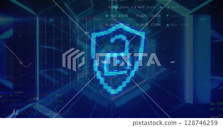 Image of tunnel made of hexagons, shield with padlock and data processing on navy background 128746259