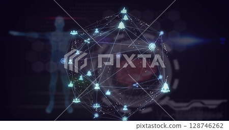 Image of globe of digital icons over digital interface with medical data processing 128746262