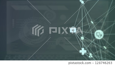 Network of medical icons over digital interface with data processing against grey background Network of medical icons over digital interface with data processing against grey background 128746263