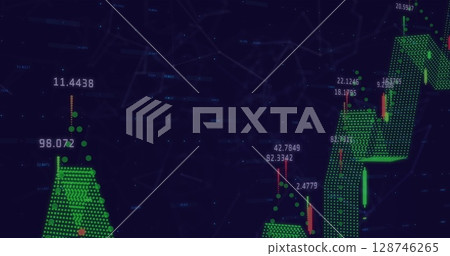 Digital image of financial data processing and network of connections against blue background Digital image of financial data processing and network of connections against blue background 128746265