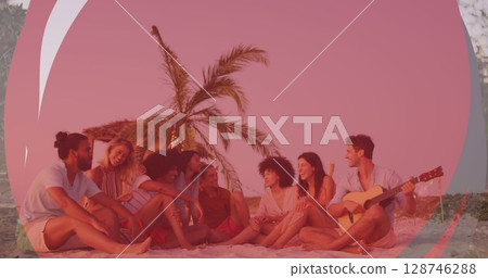 Image of frame over happy diverse friends on beach 128746288