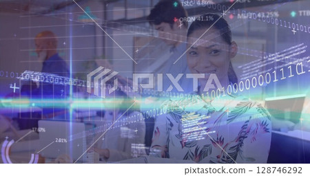 Stock market data processing over african american female engineer smiling at office 128746292