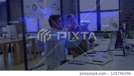 Image of numbers over world map against two diverse male engineers discussing over a car model Image of numbers over world map against two diverse male engineers discussing over a car model 128746296