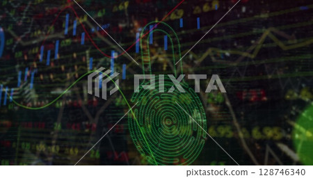 Security padlock icon and financial data processing against black background Security padlock icon and financial data processing against black background 128746340