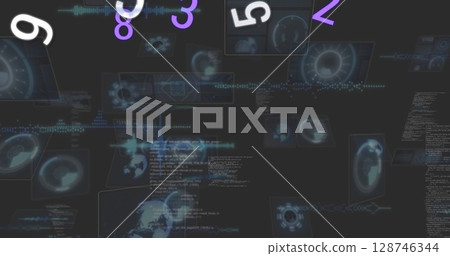 Image of numbers over data processing on black background 128746344