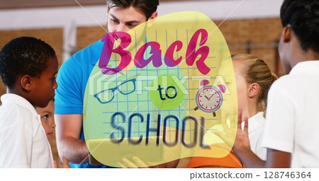 Image of back to school text over diverse schoolchildren with teacher Image of back to school text over diverse schoolchildren with teacher 128746364