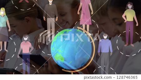 Image of people wearing masks over diverse group of pupils Image of people wearing masks over diverse group of pupils 128746365