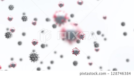 Digital image of multiple covid-19 cells floating against copy space on white background Digital image of multiple covid-19 cells floating against copy space on white background 128746384