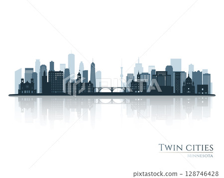 Twin Cities skyline silhouette with reflection.  128746428