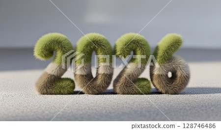 Fluffy 2026 number in green and brown hues standing on light ground. New Year, holiday, and celebration concept. 128746486