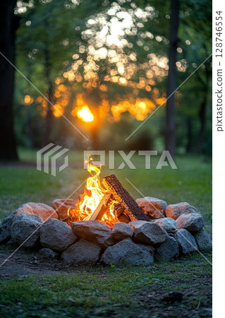 Roaring campfire in a rugged stone pit set in the forest, flames casting warm light during the peaceful evening hours. Roaring campfire in a rugged stone pit set in the forest, flames casting warm light during the peaceful evening hours. 128746554