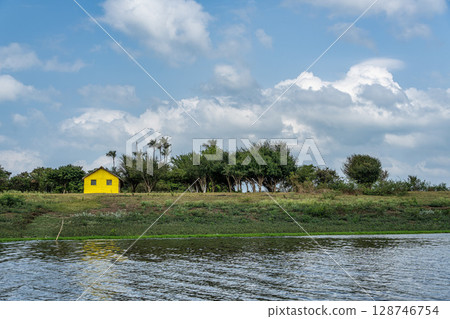 Boot trip on the Jari Canal at Alter do Chao, Santarem District, Para State, Brazil. Natural landscape of flooded areas Boot trip on the Jari Canal at Alter do Chao, Santarem District, Para State, Brazil. Natural landscape of flooded areas 128746754